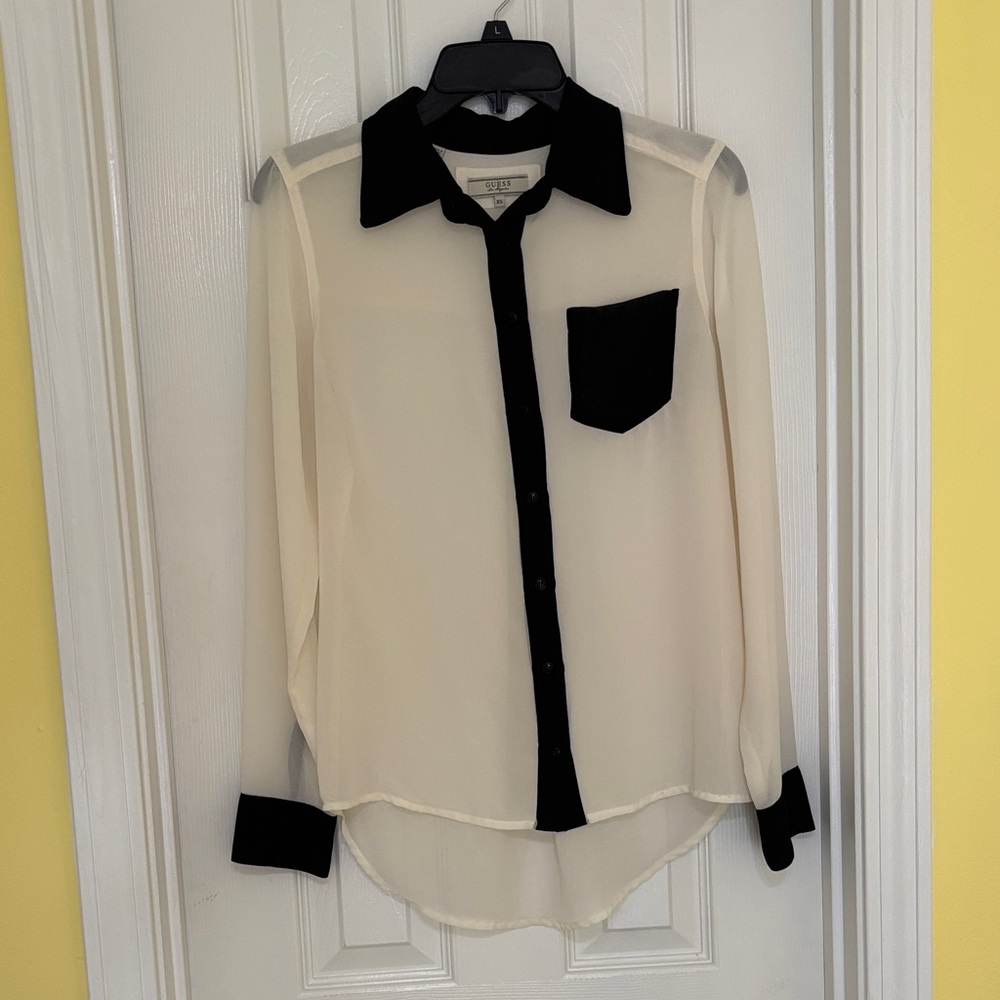 Guess Sheer Button Down Blouse white cream with black trim xs